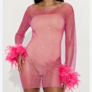 Fashion Nova HOT Pink Mesh Sparkly Dress with Feather Details